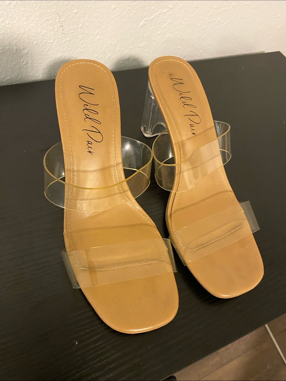 Wild Pair Tan Footbed Clear-Strap Block Heel Mules